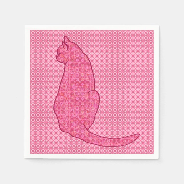 Japanese Cat - Fuchsia Pink Batik Napkin (Front)