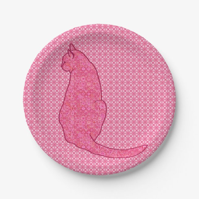 Japanese Cat - Fuchsia Pink Batik Paper Plate (Front)
