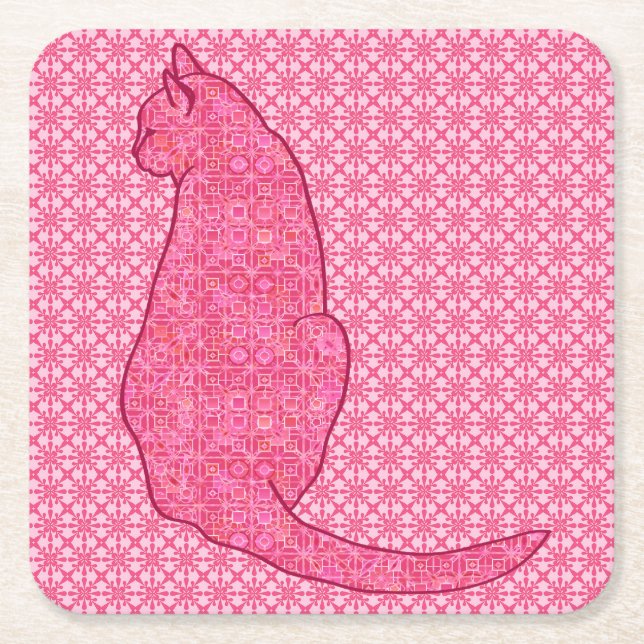 Japanese Cat - Fuchsia Pink Batik Square Paper Coaster (Front)