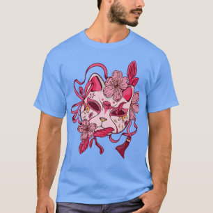 Japanese Cat Kitsune Mask Cherry Blossom Otaku Flo T-Shirt