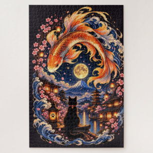Japanese Cat & Koi Fish Moon Jigsaw Puzzle