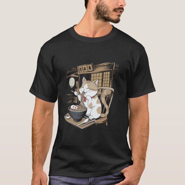 Japanese Cat Manga Animal Lover Ramen Noodle Anime T-Shirt (Front)