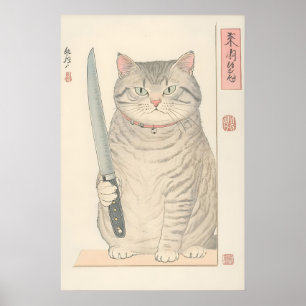 Japanese Cat Print Funny Tabby Cat with Knife