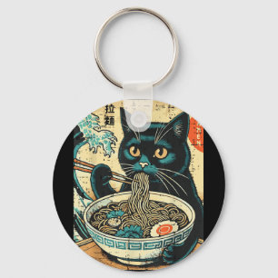 Japanese Cat Ramen Great Wave Vintage Art Food Men Key Ring