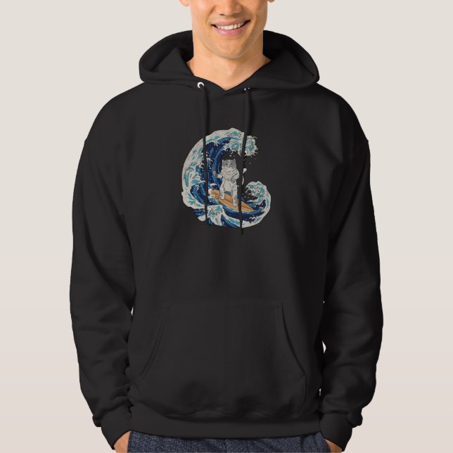Japanese Cat Surfing a Wave Beach Ocean Sea Cool R Hoodie (Front)