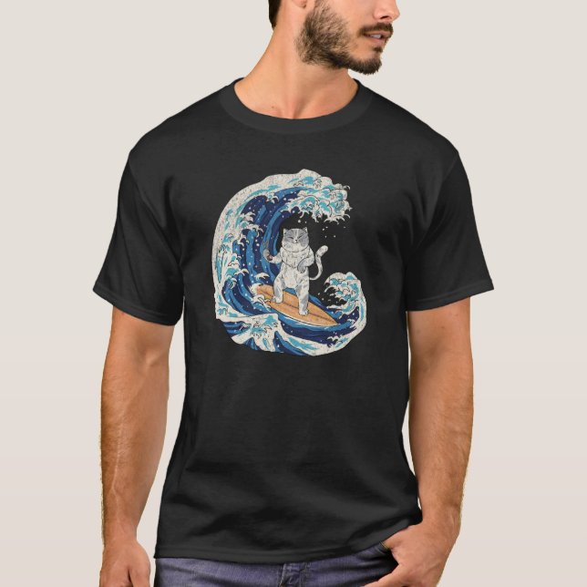 Japanese Cat Surfing a Wave Beach Ocean Sea Cool R T-Shirt (Front)