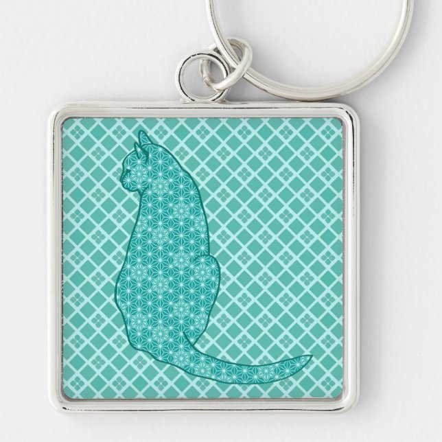 Japanese Cat - Turquoise Kimono Print Key Ring (Front)