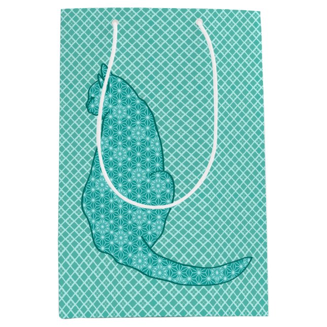 Japanese Cat - Turquoise Kimono Print Medium Gift Bag (Front)