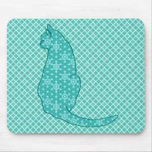 Japanese Cat - Turquoise Kimono Print Mouse Mat