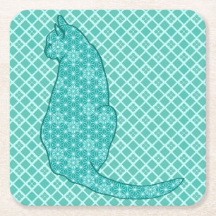 Japanese Cat - Turquoise Kimono Print Square Paper Coaster