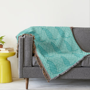 Japanese Cat - Turquoise Kimono Print Throw Blanket