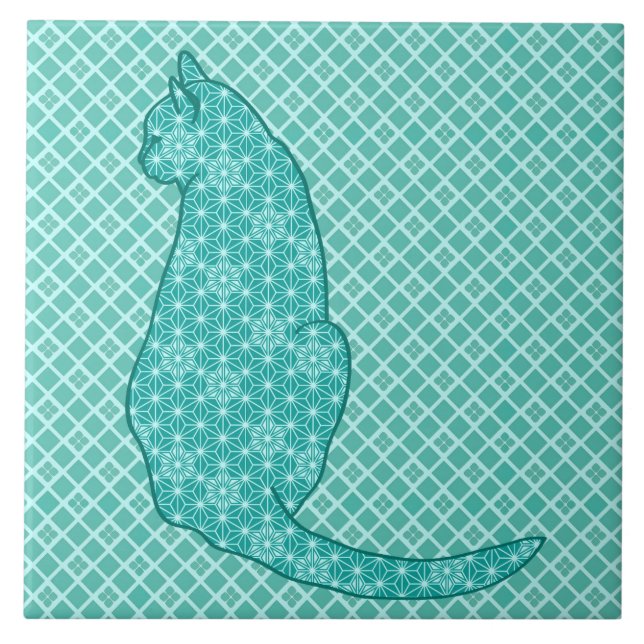 Japanese Cat - Turquoise Kimono Print Tile (Front)