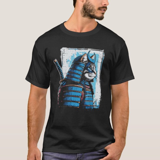 Japanese Cat Warrior Samurai Ukiyo e Art Men Boys  T-Shirt (Front)