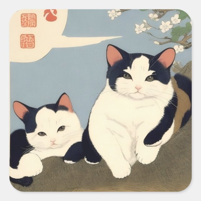 Japanese Cats Blossom Tree Sticker (Front)