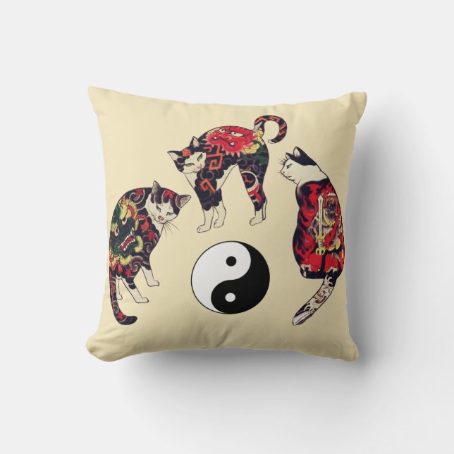 JAPANESE CATS ,DRAGON RED DEVIL TATTOOS,YIN YANG  CUSHION (Front)