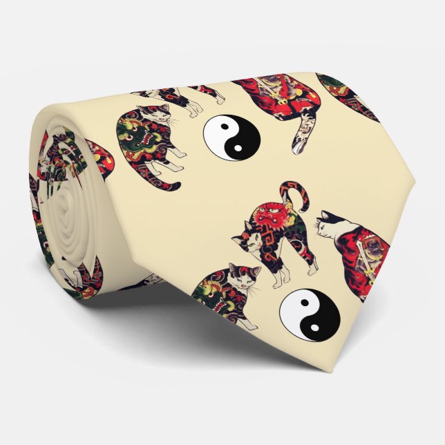 JAPANESE CATS ,DRAGON RED DEVIL TATTOOS,YIN YANG TIE (Rolled)