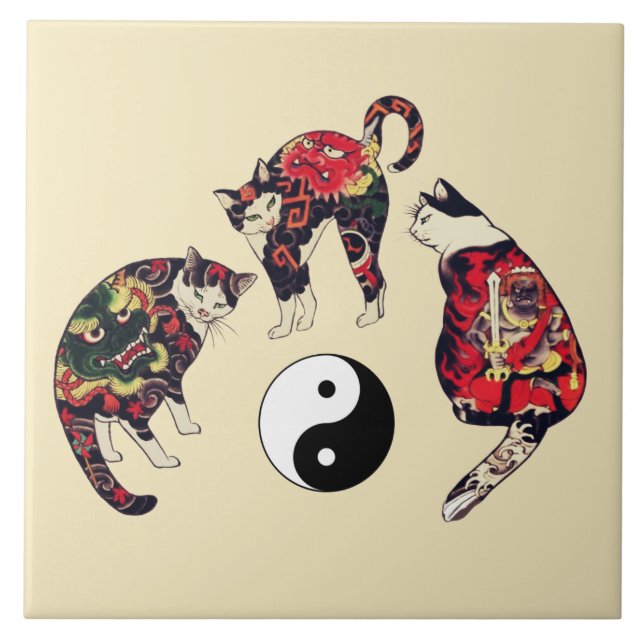JAPANESE CATS ,DRAGON RED DEVIL TATTOOS,YIN YANG  TILE (Front)
