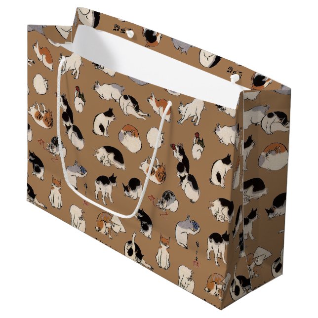 Japanese Cats, Hiroshige, Ukiyo-e Large Gift Bag (Front Angled)