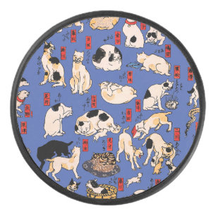 Japanese Cats Ukiyo-e Art Funny Hockey Puck
