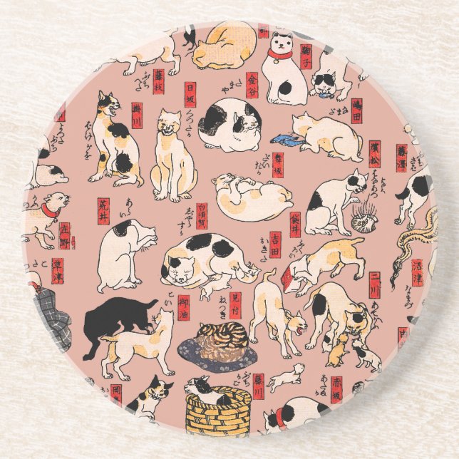 japanese cats Ukiyo-e Funny kitty Coaster (Front)