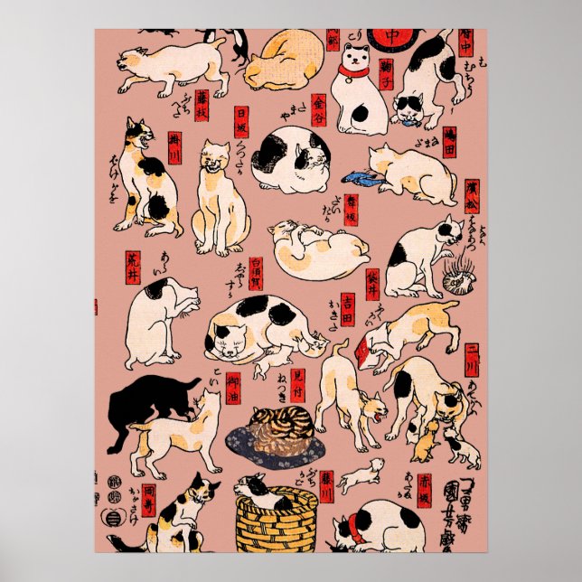 japanese cats Ukiyo-e Funny kitty Poster (Front)