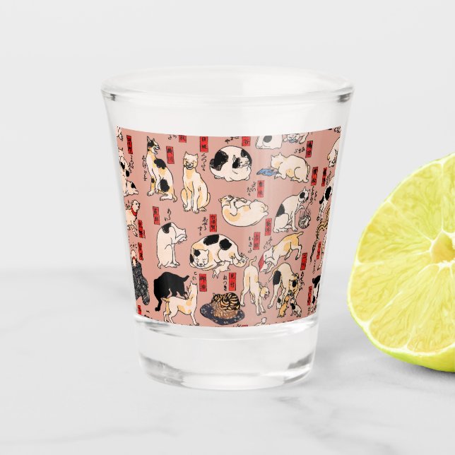 japanese cats Ukiyo-e Funny kitty Shot Glass (Front)
