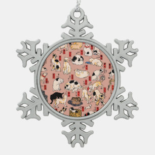 japanese cats Ukiyo-e Funny kitty Snowflake Pewter Christmas Ornament