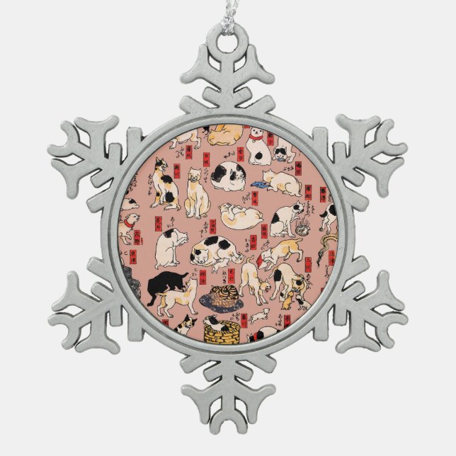 japanese cats Ukiyo-e Funny kitty Snowflake Pewter Christmas Ornament (Front)