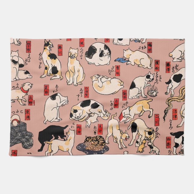 japanese cats Ukiyo-e Funny kitty Tea Towel (Horizontal)