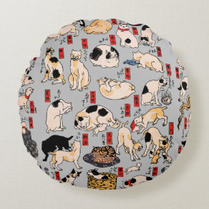 Japanese Cats Ukiyo-e Funny Round Cushion