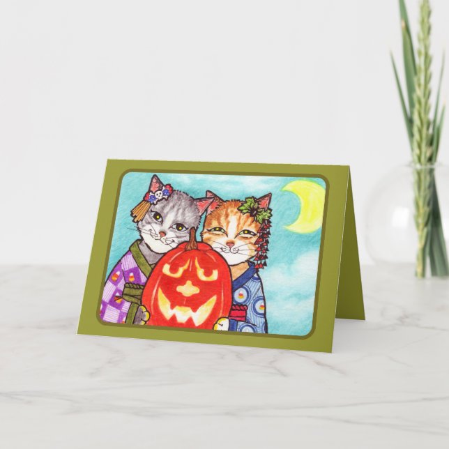 Japanese cats with pumpkin card (Front)