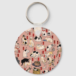 Japanese Cats Woodblock ukiyo-e Vintage Kitty Key Ring