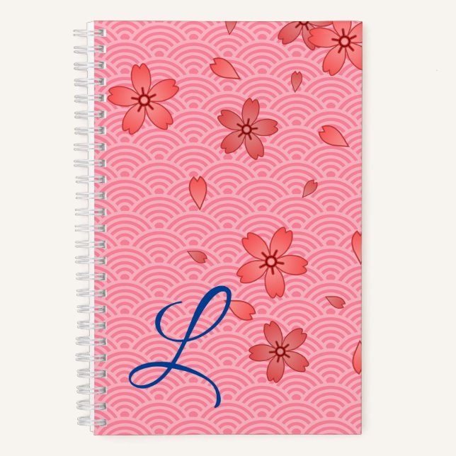 Japanese Cherry Blossom and Wave Pattern Notebook (Front)