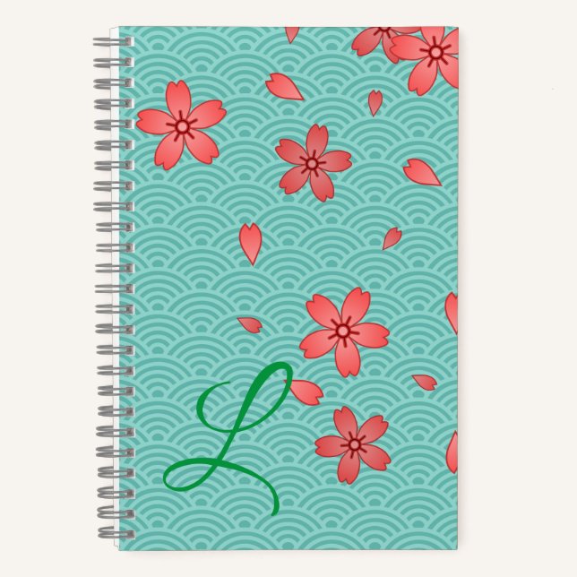 Japanese Cherry Blossom and Wave Pattern Notebook (Front)