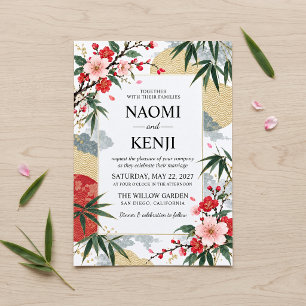 Japanese Cherry Blossom Bamboo Vintage Wedding Invitation