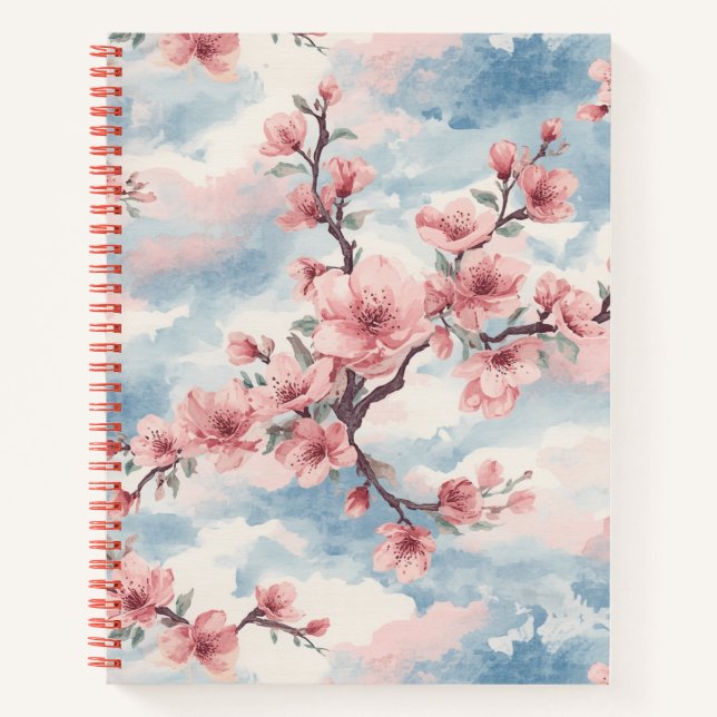 Japanese Cherry Blossom Blush Pink Blue Notebook (Front)