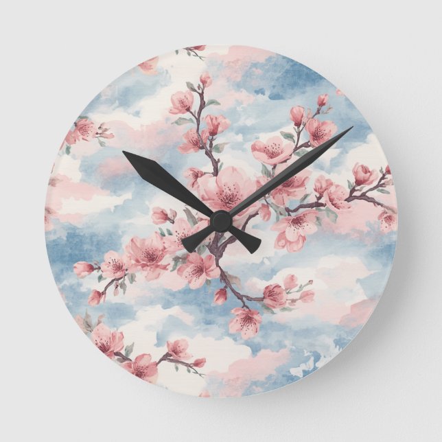 Japanese Cherry Blossom Blush Pink Blue Round Clock (Front)