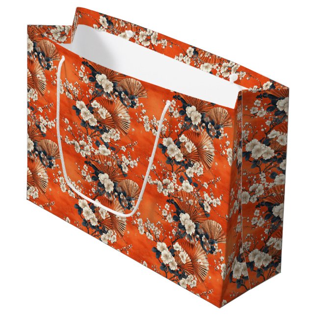 Japanese Cherry Blossom Fan Pattern (1) Large Gift Bag (Front Angled)