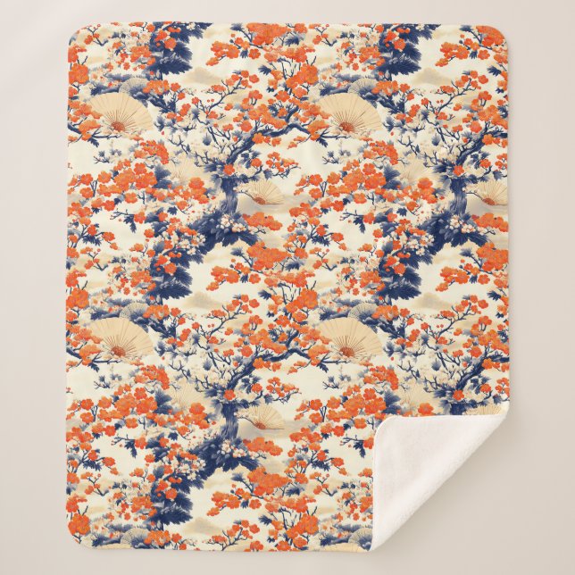 Japanese Cherry Blossom Fan Pattern (2) Sherpa Blanket (Front)