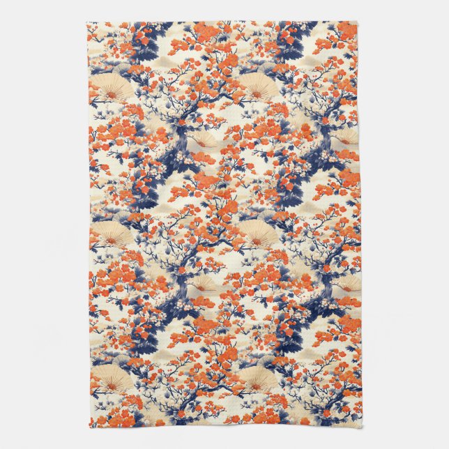 Japanese Cherry Blossom Fan Pattern (2) Tea Towel (Vertical)