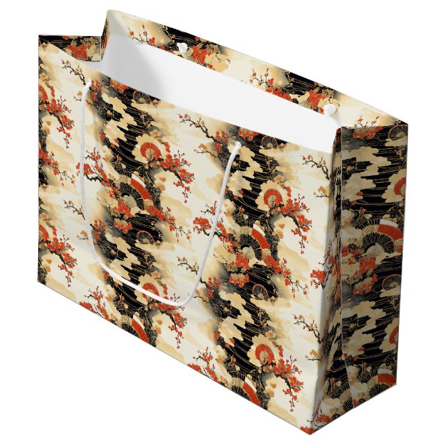 Japanese Cherry Blossom Fan Pattern (3) Large Gift Bag (Front Angled)
