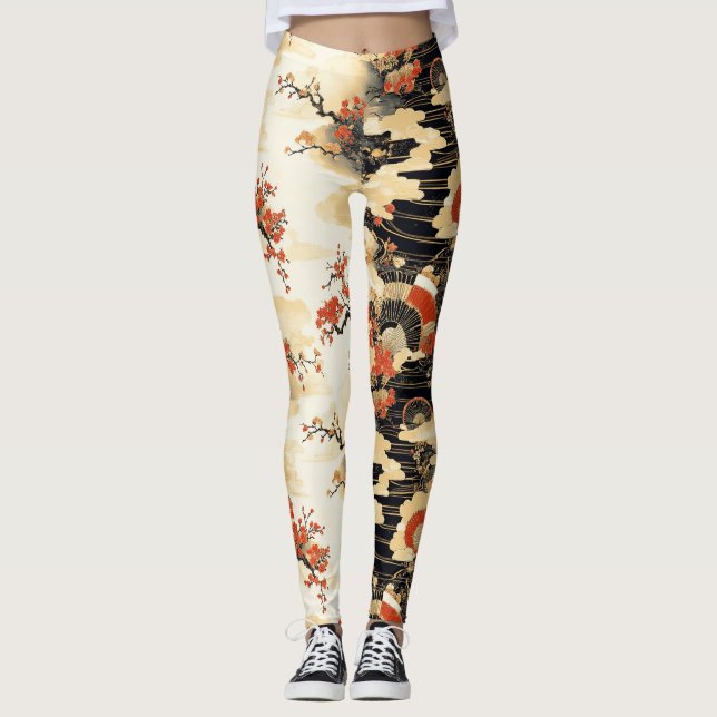 Japanese Cherry Blossom Fan Pattern (3) Leggings (Front)