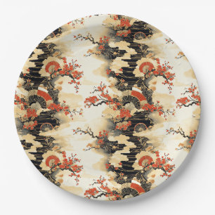 Japanese Cherry Blossom Fan Pattern (3) Paper Plate