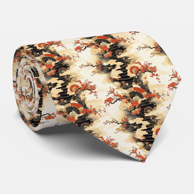Japanese Cherry Blossom Fan Pattern (3) Tie (Rolled)