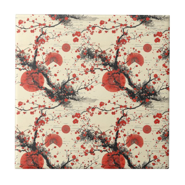 Japanese Cherry Blossom Fan Pattern (4) Tile (Front)