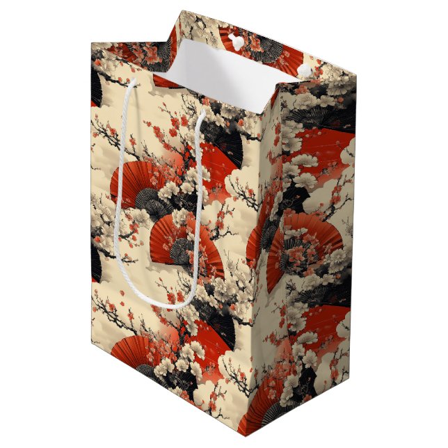 Japanese Cherry Blossom Fan Pattern (5) Medium Gift Bag (Front Angled)