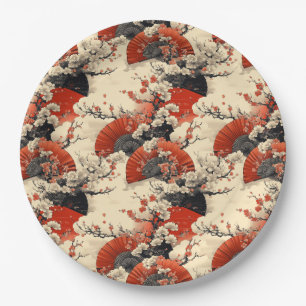 Japanese Cherry Blossom Fan Pattern (5) Paper Plate