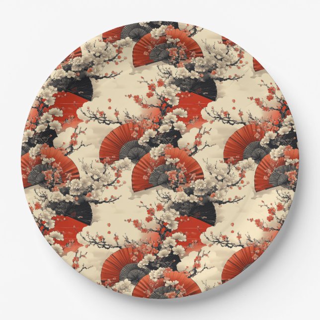 Japanese Cherry Blossom Fan Pattern (5) Paper Plate (Front)