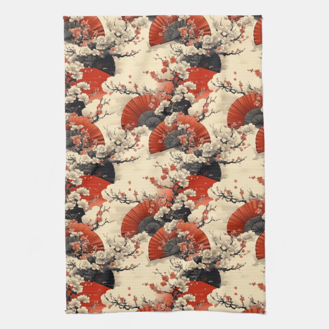 Japanese Cherry Blossom Fan Pattern (5) Tea Towel (Vertical)
