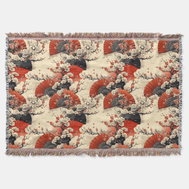 Japanese Cherry Blossom Fan Pattern (5) Throw Blanket (Front)